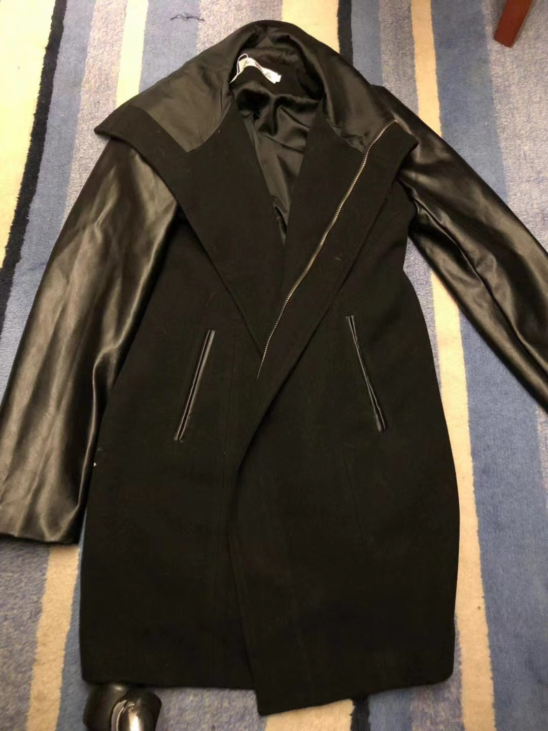 COAT LONG LEATHER SLEEVES LONG WOOLEN CLOTH COAT