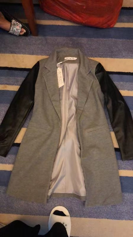 COAT LONG LEATHER SLEEVES LONG WOOLEN CLOTH COAT