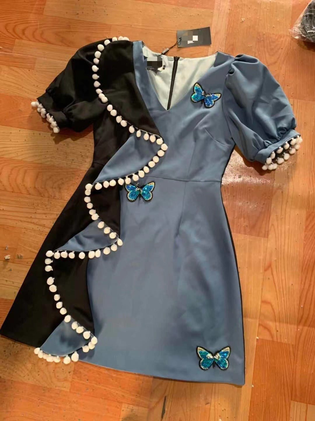 DRESS SEWING BUTTERFLY BEADS BLUE DRESS