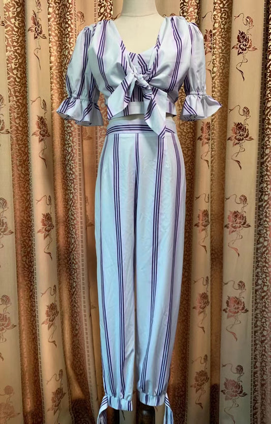 ONE SET PRINTING STRIPE  SHORT SLEEVES TOP AND LONG PANTS