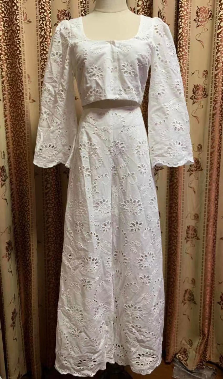 ONE SET EMBROIDERY FLOWERS FABRIC TOP AND LONG PANTS