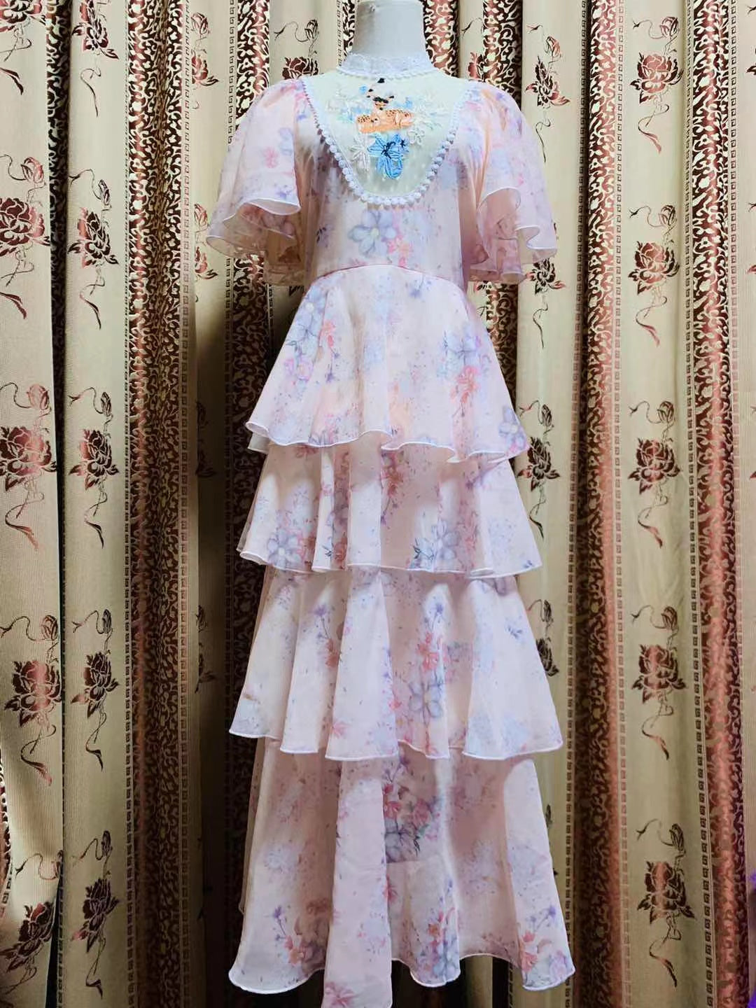 DRESS PEINTING FLOWERS EMBRIDERY LACE LONG DRESS