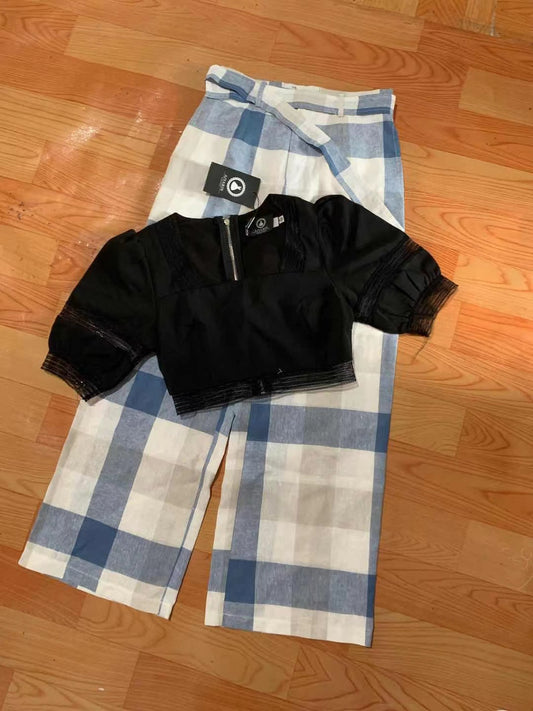 ONE SET LACE SHORT SLEEVES TOP AND LONG SCOT LINEN LONG PANTS