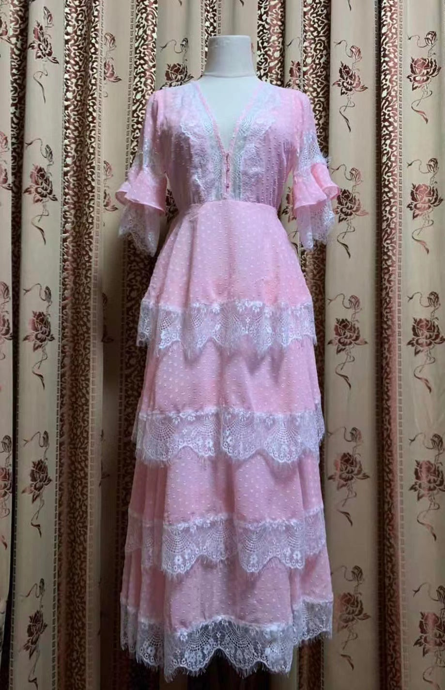 DRESS LACE LONG PINK DRESS